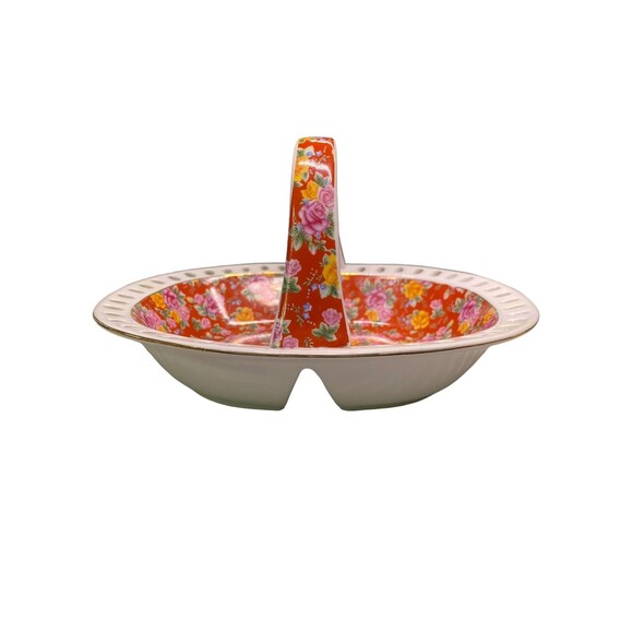 Jay & Sons Ceramic Basket Divided  w/ Handle Red White Floral Gold Rim - Picture 3 of 15